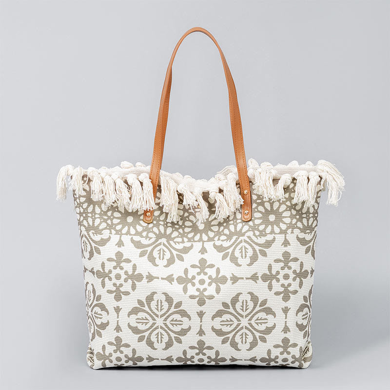 Buddha Stones Large Capacity Boho Geometry Print Tassel Canvas Tote Shoulder Bag Shoulder Bag BS Beige Flowers 50*10*32cm