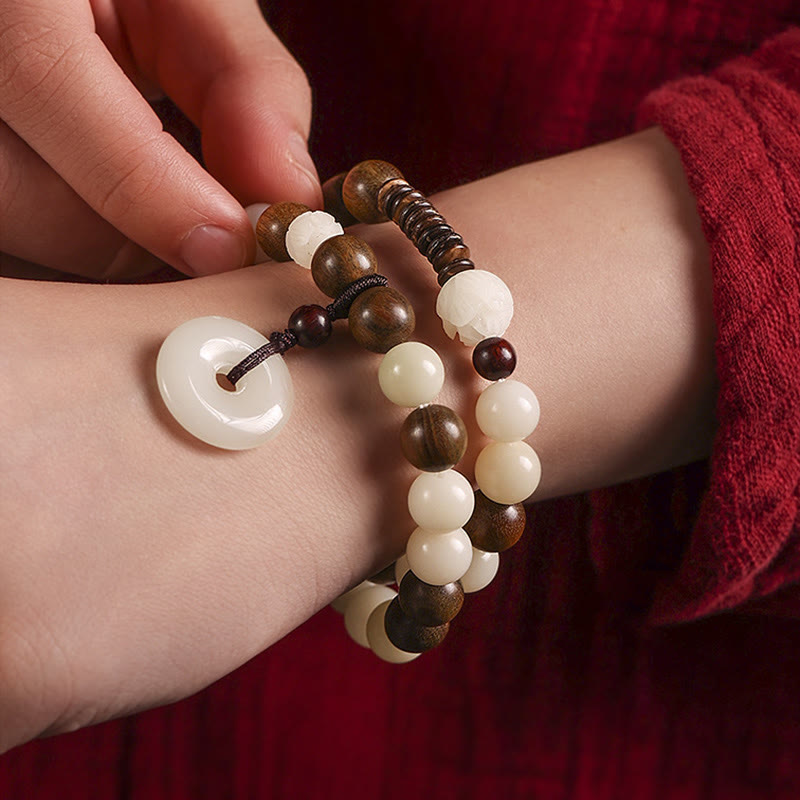 Buddha Stones Bodhi Seed Green Sandalwood Lotus Peace Buckle Harmony Double Wrap Bracelet Bracelet BS 8