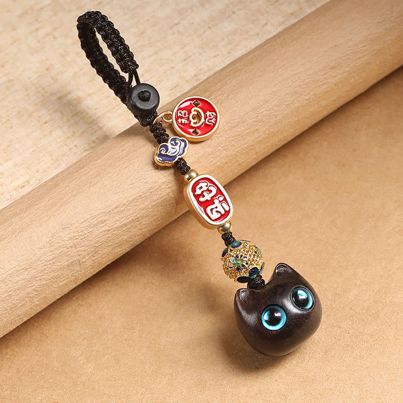 Buddha Stones Ebony Wood Lucky Cat Auspicious Cloud Peace Key Chain Phone Hanging Decoration Key Chain BS Blue Eyes Cat Key Chain