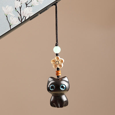 Foviel Mini Small Leaf Red Sandalwood Ebony Wood Lucky Cat Lovely Kitty Peace Key Chain Phone Hanging Decoration