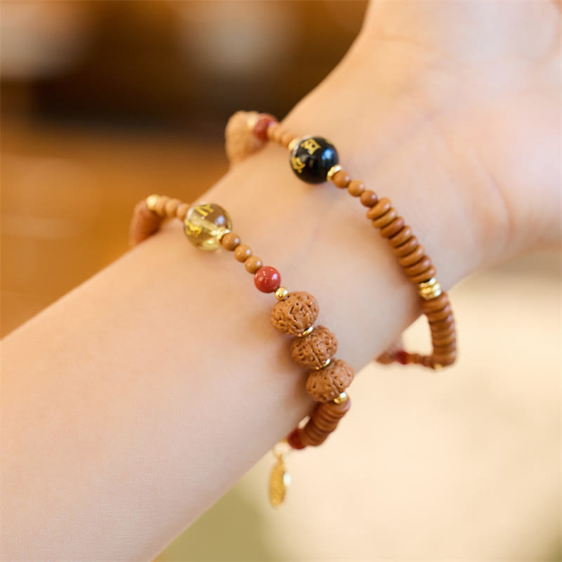 Buddha Stones Tibetan Bodhi Seed Black Onyx Smoky Quartz Om Mani Padme Hum Fu Character Wealth Bracelet Bracelet BS 8
