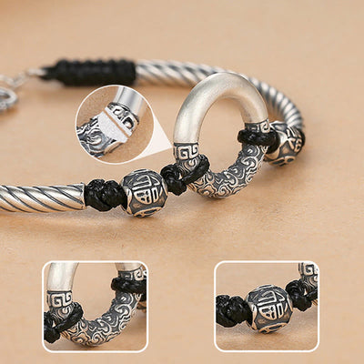 Buddha Stones 999 Sterling Silver Fu Character Peace Buckle Copper Coin Auspicious Clouds Fortune Bracelet Bracelet BS 14