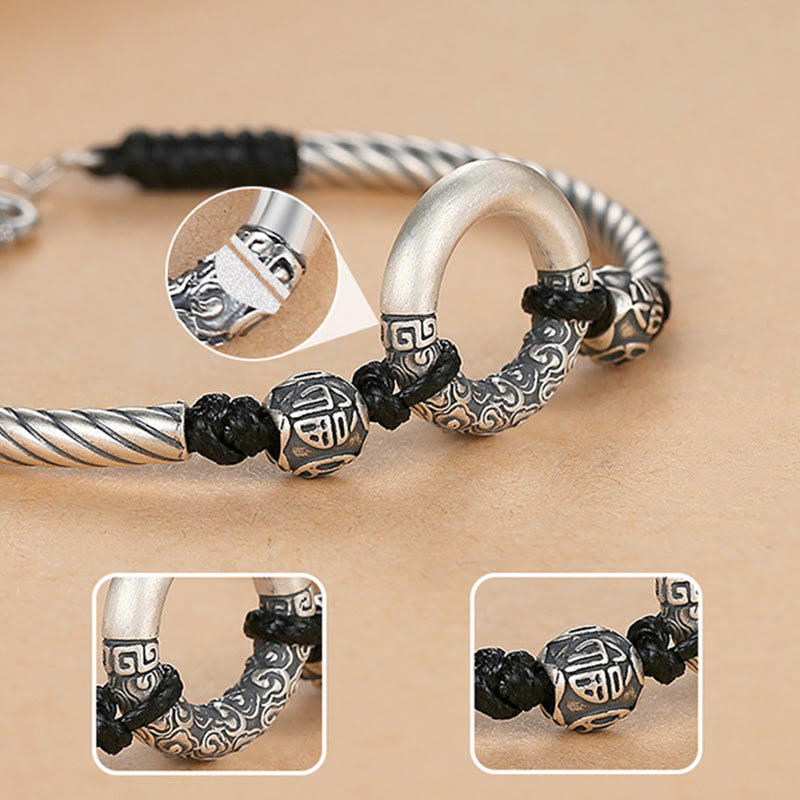 Buddha Stones 999 Sterling Silver Fu Character Peace Buckle Copper Coin Auspicious Clouds Fortune Bracelet Bracelet BS 14