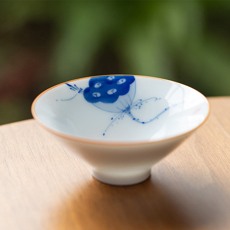 Buddha Stones Mandala Flower Koi Fish Lotus Bird Persimmons Teacup Kung Fu Tea Cup 50ml Cup BS Blue Lotus Pod 8.3cm*3.3cm*50ml