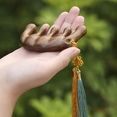 Buddha Stones Simple Green Sandalwood Soothing Tassel Massage Comb Comb BS Green Sandalwood Comb(Gold Gray Tassel Style)