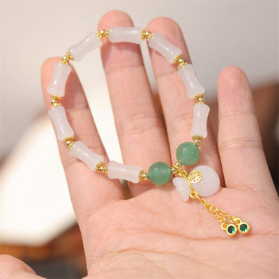 Buddha Stones Natural White Golden Silk Jade Bamboo Pattern Wealth Lucky Bag Fu Character Bracelet Bracelet BS Gold Silk Jade Thin Bamboo Money Bag