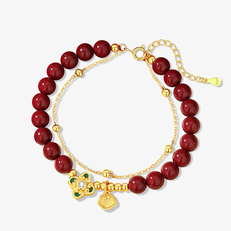 Buddha Stones 925 Sterling Silver Natural Cinnabar Four Leaf Clover Flower Blessing Chain Bracelet Bracelet BS 10