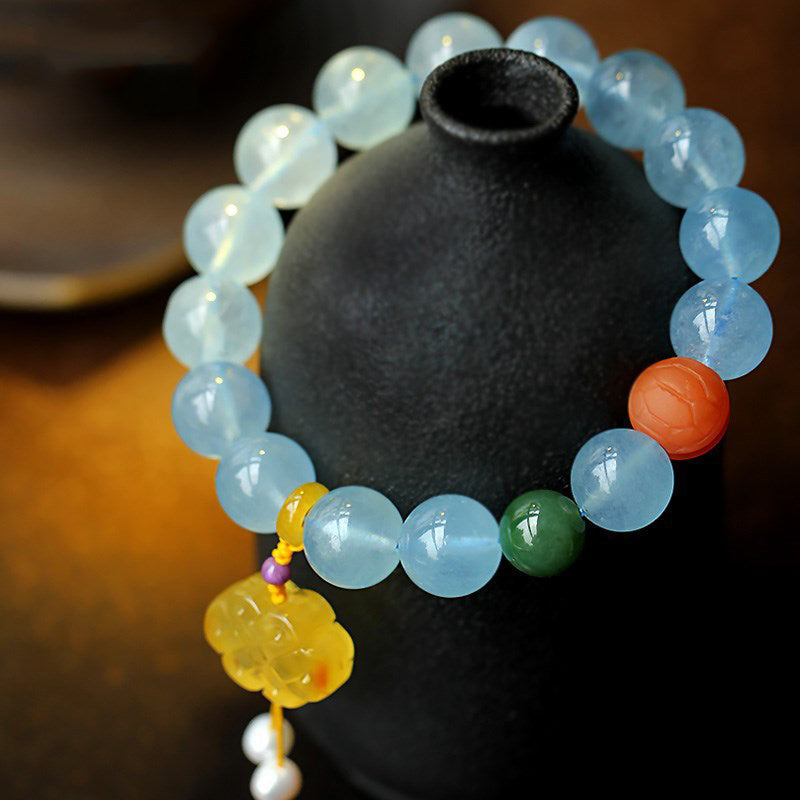 Buddha Stones Natural Aquamarine Amber Chinese Knotting Charm Peace Bracelet Bracelet BS 5
