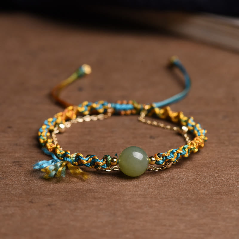 Buddha Stones Handmade Colorful Rope Luck Jade Bead Abundance Double Layer Bracelet Bracelet BS 14-16cm