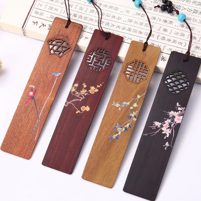 Buddha Stones 4Pcs Four Seasons Plum Orchid Bamboo Chrysanthemum Peking Opera Mask Wood Bookmarks With Gift Box Bookmarks BS 2