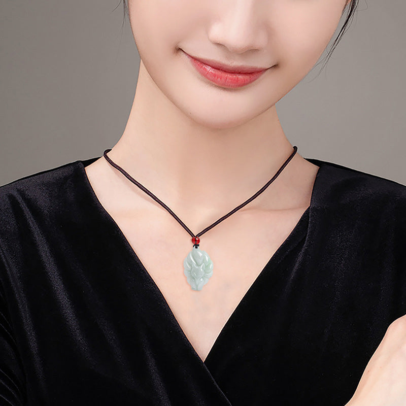 Buddha Stones Natural Jade Nine Tailed Fox Luck Prosperity Necklace Pendant Necklaces & Pendants BS 2