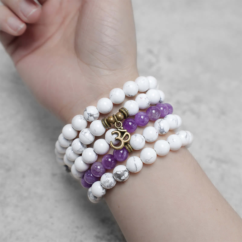 Buddha Stones 108 Mala Beads Amethyst White Turquoise OM Healing Meditation Energy Bracelet Bracelet BS 6