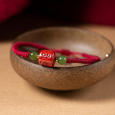 Buddha Stones Tibetan Cinnabar Om Mani Padme Hum Engraved Blessing Braided Rope Bracelet Bracelet BS 4