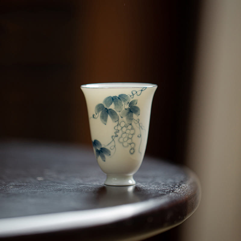 Buddha Stones Small Hand Painted Grapes Ceramic Teacup Kung Fu Tea Cup 30ml Cup BS 4.5cm*6cm*30ml