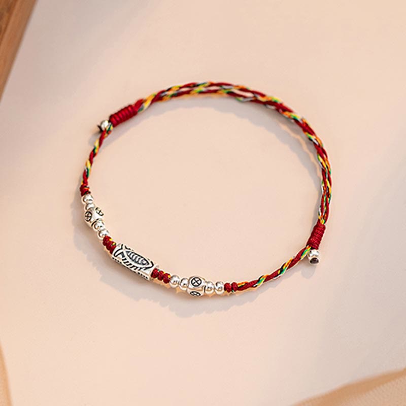 Buddha Stones 925 Sterling Silver Luck Koi Fish Braided Colorful String Bracelet Anklet Bracelet BS 13