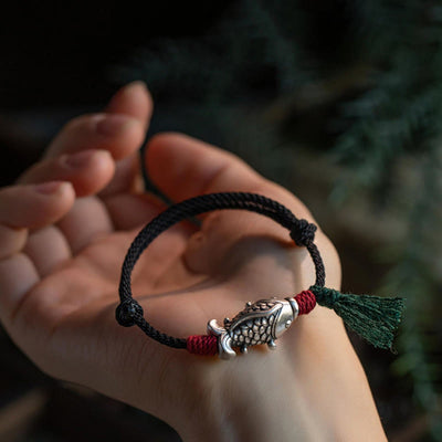 Buddha Stones 925 Sterling Silver Luck Koi Fish Braided Bracelet Bracelet BS 2