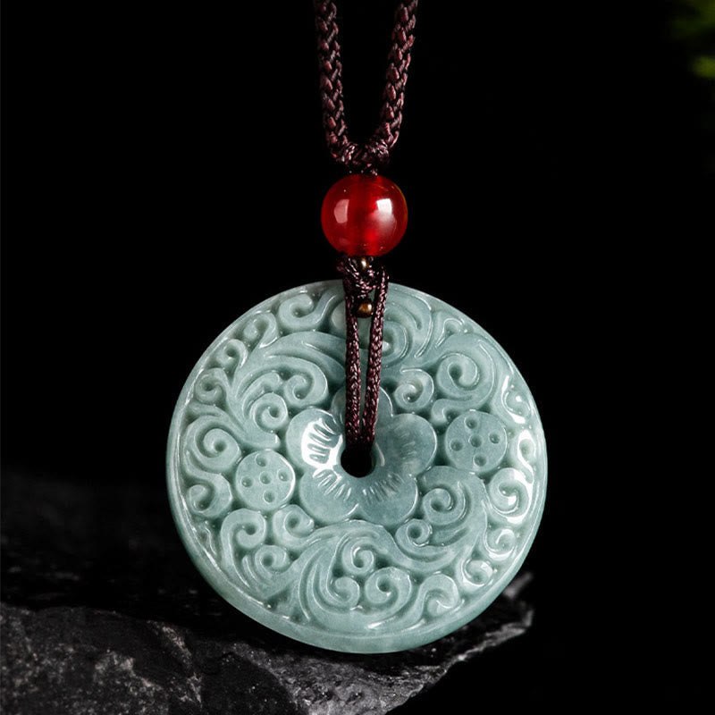 Buddha Stones Green Jade Flower Carved Peace Buckle Abundance Necklace Pendant Necklaces & Pendants BS 8