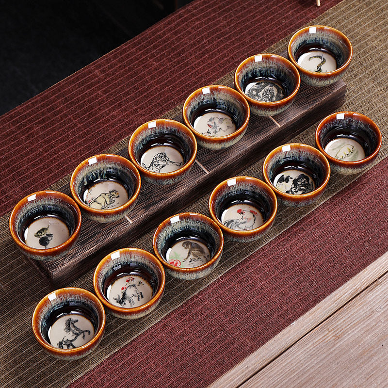 Buddha Stones 12 Chinese Zodiac Pattern Ceramic Teacup Kung Fu Jian Chinese Zhan Tea Cup 73ml Jian Zhan Tea Cup BS 18