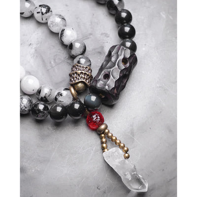Buddha Stones Black Rutilated Quartz Ebony Wood White Crystal Success Couple Bracelet Bracelet BS 15