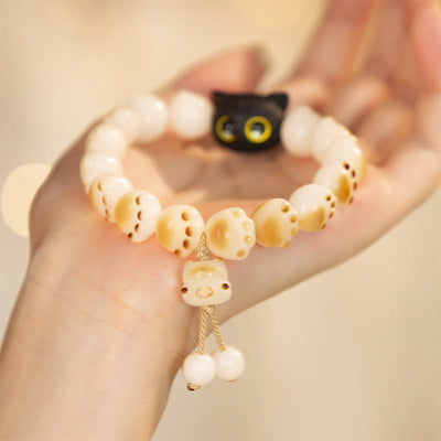 Buddha Stones Natural Bodhi Seed Red Sandalwood Lovely Paw Lucky Cat Peace Bracelet Bracelet BS Bodhi Seed&Tassel (Wrist Circumference 14-16cm)