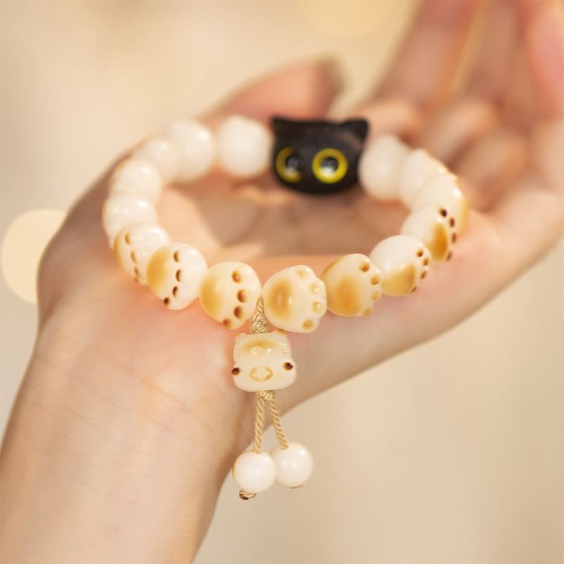 Buddha Stones Natural Bodhi Seed Red Sandalwood Lovely Paw Lucky Cat Peace Bracelet Bracelet BS Bodhi Seed&Tassel (Wrist Circumference 14-16cm)