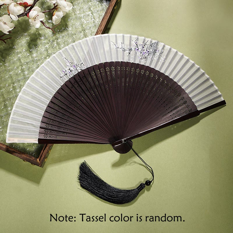 Buddha Stones Ancient Flowers Branches Handheld Bamboo Folding Fan 21cm Folding Fan BS Flower Brown Fan 21cm