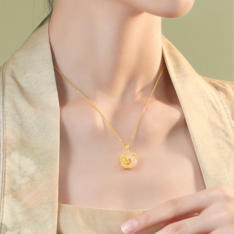 Buddha Stones Natural White Chalcedony Peace Buckle Lotus Pendant S925 Sterling Silver Necklace 5