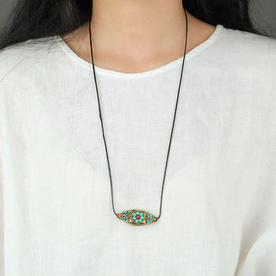 Buddha Stones Tibet Turquoise Bead Marquise Pattern Protection Strength Necklace Pendant Necklaces & Pendants BS 8