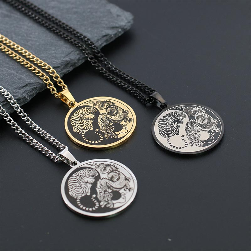 Buddha Stones Tiger Dragon Titanium Steel Chain Necklace Harmony Pendant Necklaces & Pendants BS 1