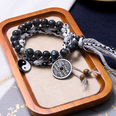 Buddha Stones Black Glitter Stone Cat's Eye Yin Yang Mountain Ghosts Spend Money Power Double Layer Rope Bracelet Bracelet BS 7