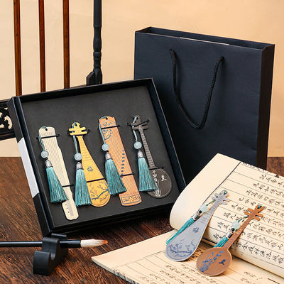 Buddha Stones Classical Musical Instruments Pipa Guzheng Guqin Ruan Metal Bookmarks Tassel With Gift Box Bookmarks BS 32