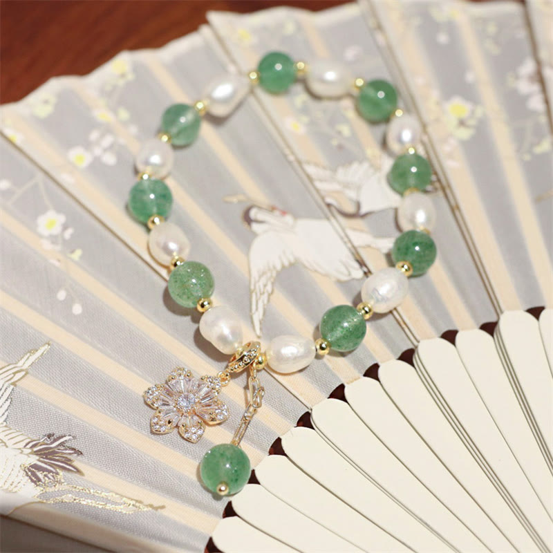 Buddha Stones Natural Green Strawberry Quartz Pearl Flower Charm Love Bracelet Bracelet BS 9