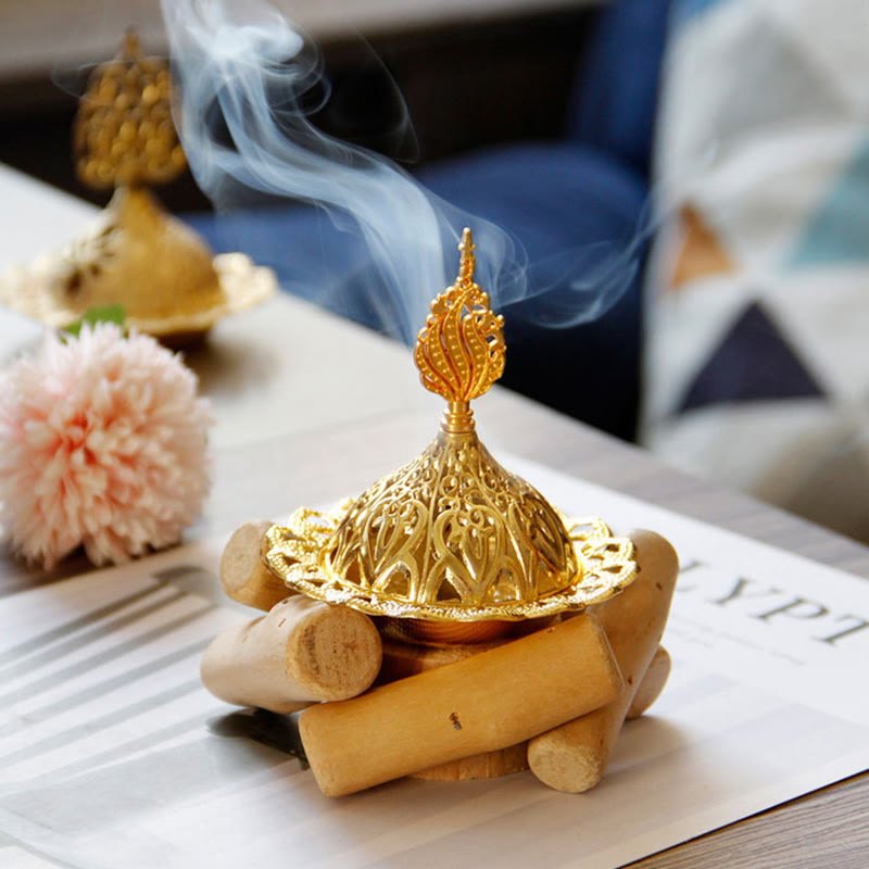 Buddha Stones Gold Alloy Healing Mini Incense Burner With Wooden Coaster Home Decor Incense Burner BS Gold Incense Burner 10.5*12cm