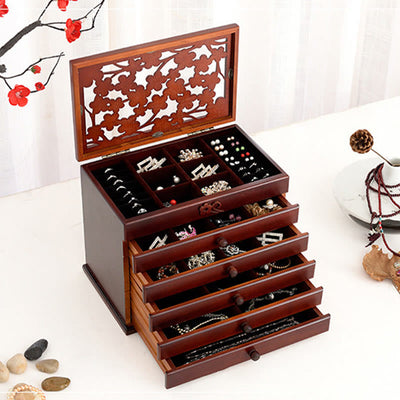 Buddha Stones Vintage Plum Blossom Carved Wooden Jewelry Box Six-Layer Jewelry Storage Box Jewelry Box BS 2