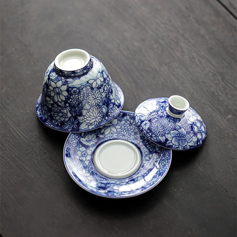 Buddha Stones Vintage Blue And White Porcelain Ceramic Gaiwan Sancai Teacup Kung Fu Tea Cup And Saucer With Lid Cup BS 5