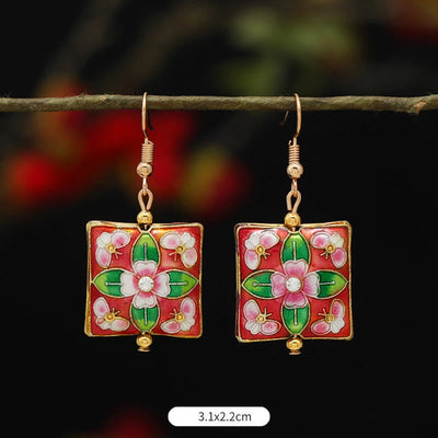 Buddha Stones Lotus Butterfly Flower Alloy Copper Enlightenment Drop Earrings Earrings BS Square Red Green Flower 3.1*2.2cm