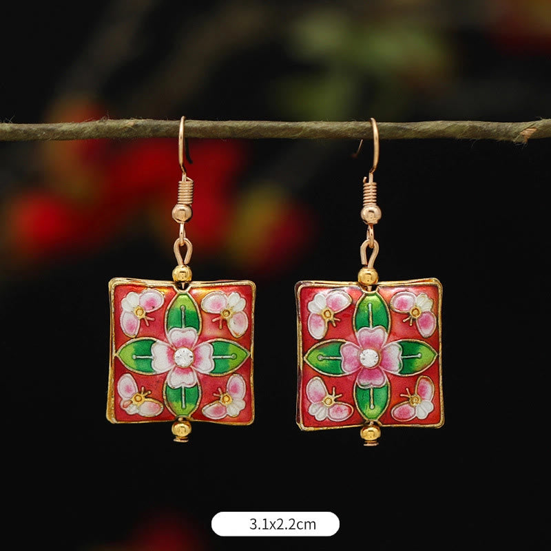 Buddha Stones Lotus Butterfly Flower Alloy Copper Enlightenment Drop Earrings Earrings BS Square Red Green Flower 3.1*2.2cm