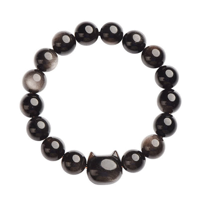 Foviel Gold Sheen Obsidian Silver Sheen Obsidian Lovely Paw Lucky Cat Protection Bracelet