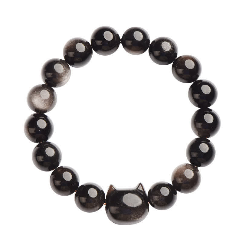 Foviel Gold Sheen Obsidian Silver Sheen Obsidian Lovely Paw Lucky Cat Protection Bracelet