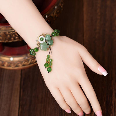 Buddha Stones Natural Green Jade Luck Dangling Flower Bracelet Bracelet BS 15