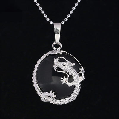 Buddha Stones Chinese Dragon Natural Quartz Crystal Healing Energy Necklace Pendant Necklaces & Pendants BS Black Onyx