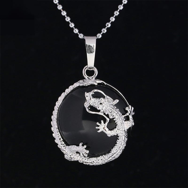Buddha Stones Chinese Dragon Natural Quartz Crystal Healing Energy Necklace Pendant Necklaces & Pendants BS Black Onyx