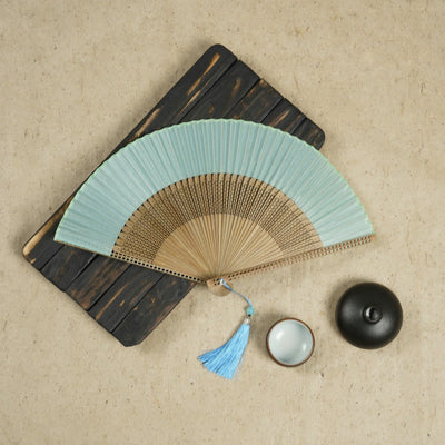 Buddha Stones Vintage Handheld Folding Fan With Bamboo Frames Folding Fan BS Aqua