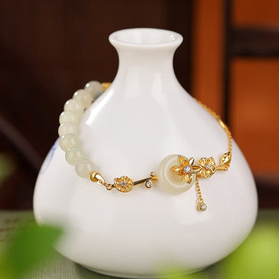 Buddha Stones 925 Sterling Silver Hetian Jade Peace Buckle Lotus Luck Chain Bracelet Bracelet BS 2