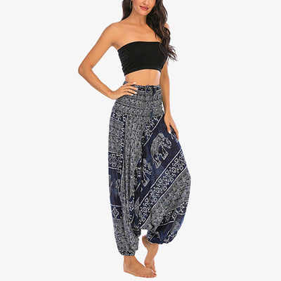 Buddha Stones Two Style Wear Elephant Pattern Loose Smocked Harem Trousers Jumpsuit Women's Yoga Pants Harem Pants&Bodysuit BS 33