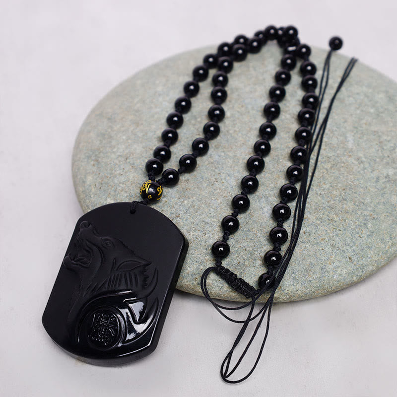 Collier pendentif loup en obsidienne noire Foviel pour la purification