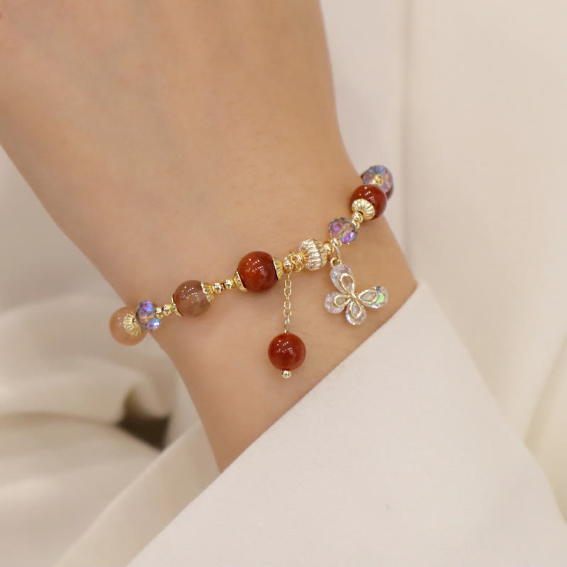 Buddha Stones Natural Fu Lu Shou Rainbow Crystal Rutilated Quartz Wealth Butterfly Charm Bracelet Bracelet BS 6