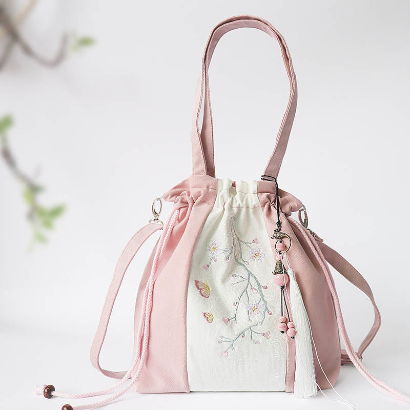 Buddha Stones Embroidered Grass Flowers Cherry Blossom Canvas Tote Crossbody Bag Shoulder Bag Handbag Crossbody Bag BS Cherry Blossom Pink White 28*30cm