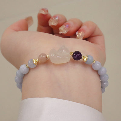 Buddha Stones Natural Aquamarine Chalcedony Serenity Rabbit Gourd Cat Charm Bracelet Bracelet BS Aquamarine Chalcedony Cat