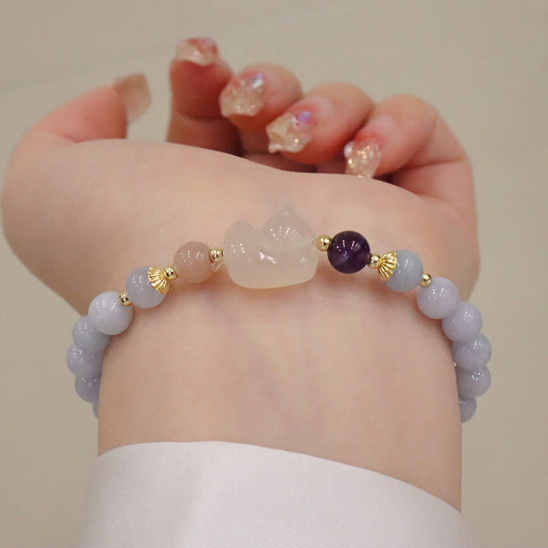 Buddha Stones Natural Aquamarine Chalcedony Serenity Rabbit Gourd Cat Charm Bracelet Bracelet BS Aquamarine Chalcedony Cat
